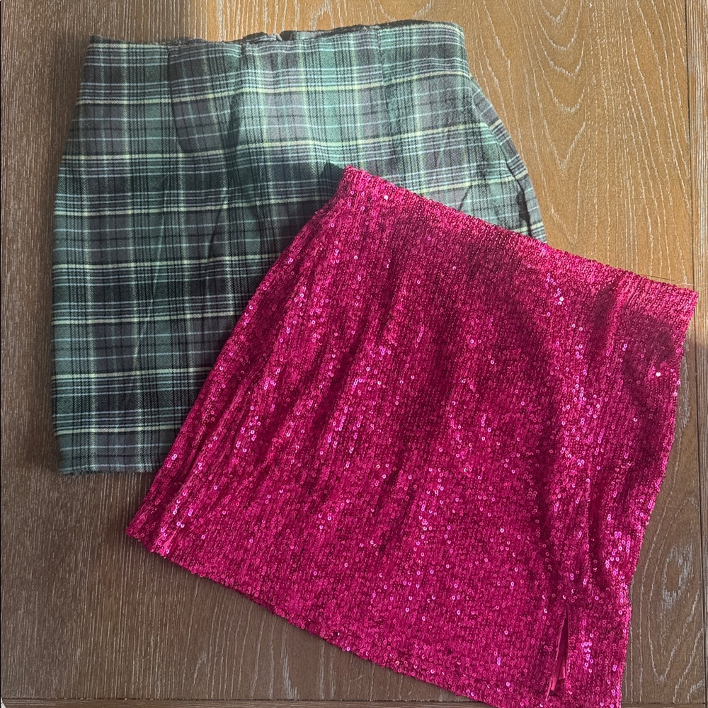 Pink Sequin Skirt and Green Plaid Skirt